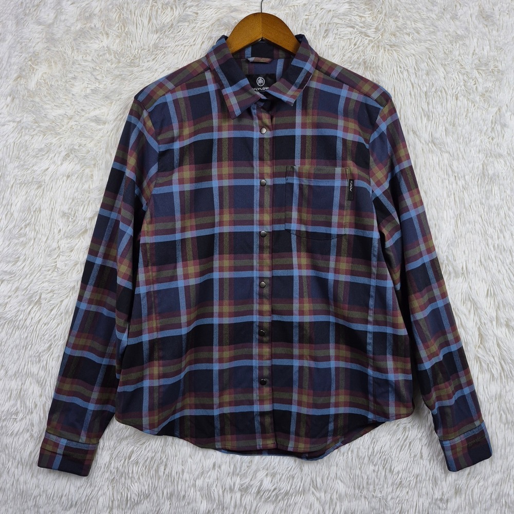 Flylow Womens XL Plaid Snap Front Briggite Tech Flannel Shirt Blue Burgundy